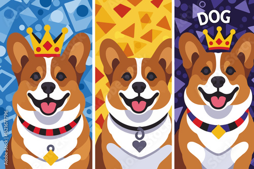 Cute Corgi Cartoon Illustration - Whimsical Dog Art with Crown and Collar - Playful Pet Design for Dog Lovers- Colorful Canine Character with Geometric Backgrounds