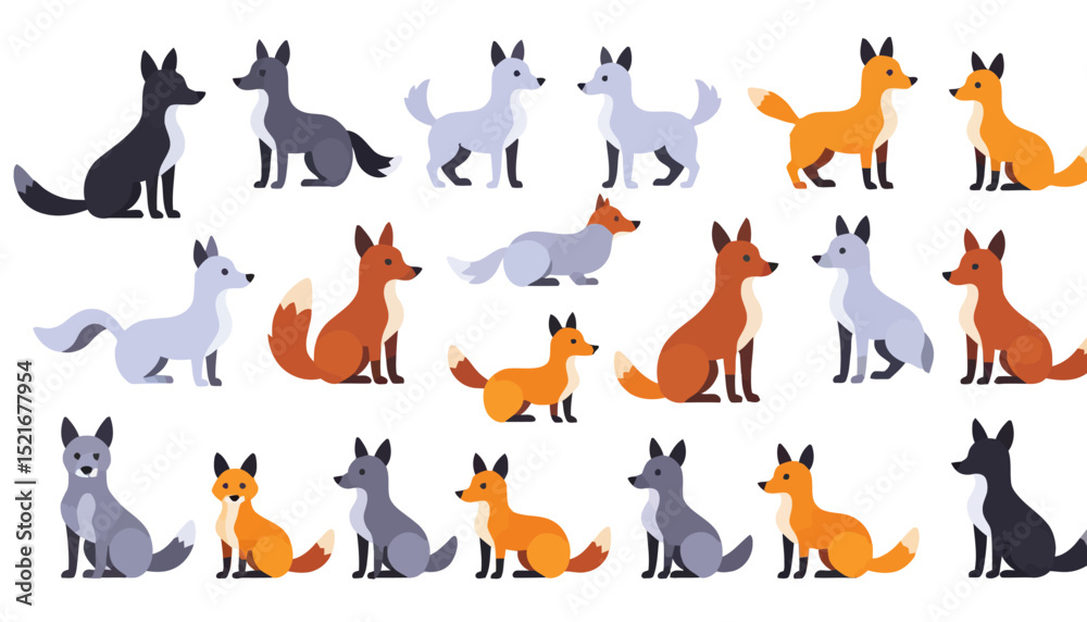 Obraz premium Cute Fox Cartoon Illustration - Colorful Foxes Set - Graphic Design Elements for Kids - Foxes in Orange, Grey, Black and Blue for Digital Art & Prints