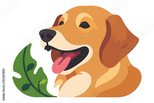 Cartoon Dog Illustration-Happy Golden Retriever with Tongue Out-Cute Pet Graphic-Playful Canine Design-Vector Art of a Friendly Dog with Leaf Accent