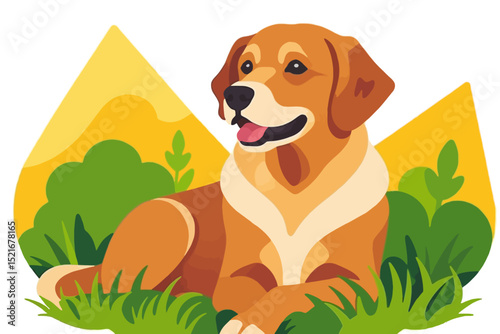 Cartoon Dog Illustration-Cute Golden Retriever Relaxing in Nature-Vector Graphics of Happy Pet-Perfect for Dog Lovers and Animal Themed Designs-Dog in natural scenery