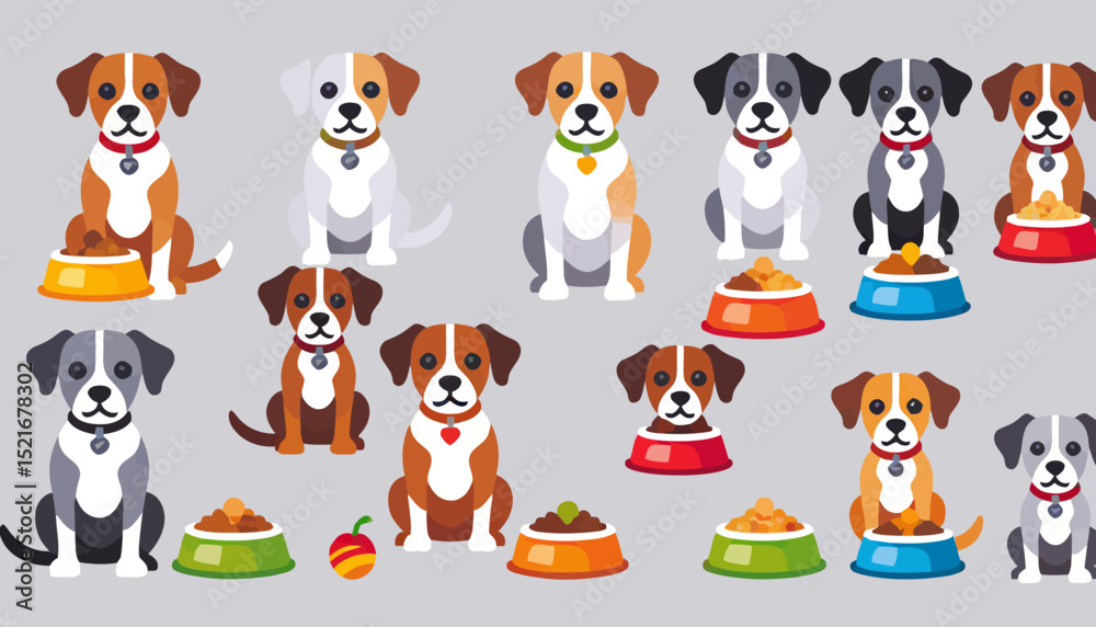 Obraz premium Cartoon Dogs with Food Bowls Illustration - Adorable Puppies with Stylish Collars - Perfect for Pet Lovers and Animated Designs