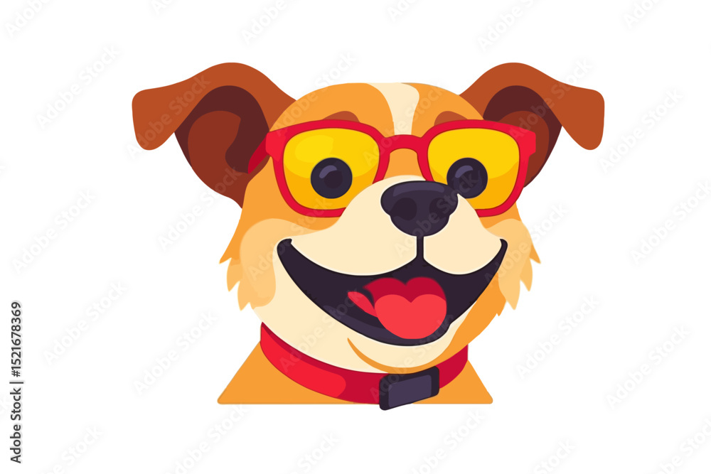 Fototapeta premium Cartoon Dog with Glasses-Adorable Smiling Puppy-Cute Pet Illustration-Playful Animal Character-Funny Dog Face-Perfect for Kids-Colorful Graphic-Happy Dog Image