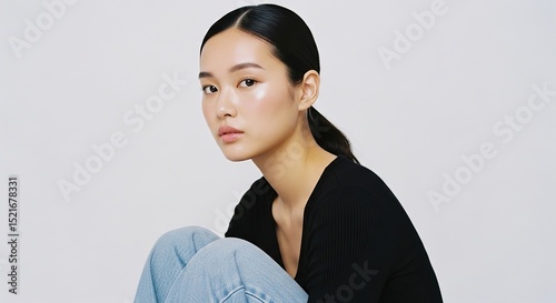 Portrait of a Young Woman with Smooth Skin and Dark Hair