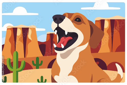 Cartoon Dog Yawning in Desert Landscape - Cute Dog Illustration with Cactus and Mountains - Animated Pet in Southwestern Setting - Graphic Design for Dog Lovers