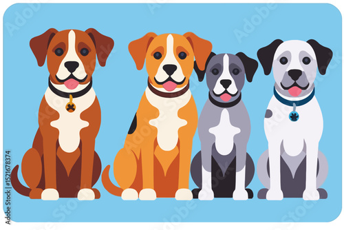 Cartoon Dogs Illustration-Four Adorable Puppies Sitting Together-Cute Pet Graphics for Kids and Dog Lovers-Colorful Digital Art for Home Decor