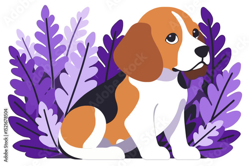 Cute Beagle Puppy Cartoon Illustration-Playful Dog Art with Purple Foliage-Adorable Pet Graphic for Kids and Dog Lovers-Download Now