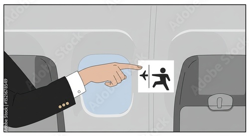A cartoon image shows an arm pointing to an emergency exit symbol on an airplane window, next to a gray seat.