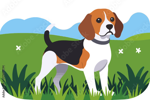 Cute Beagle Dog Illustration - Cartoon Pet Animal Standing in Green Field - Playful Puppy with Brown, Black and White Markings-Animal illustration