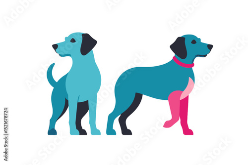 Colorful Dog Illustration - Three Stylized Dogs in Blue and Pink - Modern Pet Graphic Design for Animal Lovers and Creative Projects