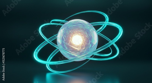 A stylized atom with a textured sphere at the center, surrounded by illuminated rings, set against a dark background.