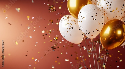Celebration With Gold and White Balloons Surrounded by Sparkling Confetti in ...