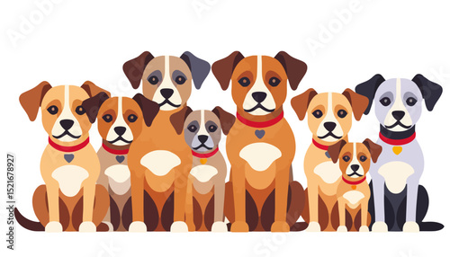 Cute Cartoon Dog Family Portrait-Adorable Puppy Illustration with Heart Collars-Illustrative Graphic Design of Canine Companions-Dog Lover's Delight