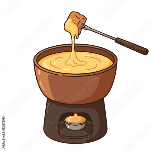 Cheese fondue with bread on a fork, illustration isolated