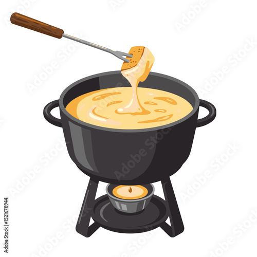 Cheese fondue with bread on a fork, illustration isolated in white