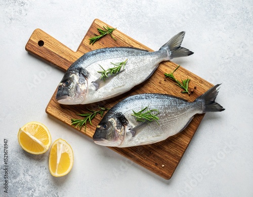 Top-down view of dorado fish on a cutting board, accented with rosemary sprigs and lemon wedges