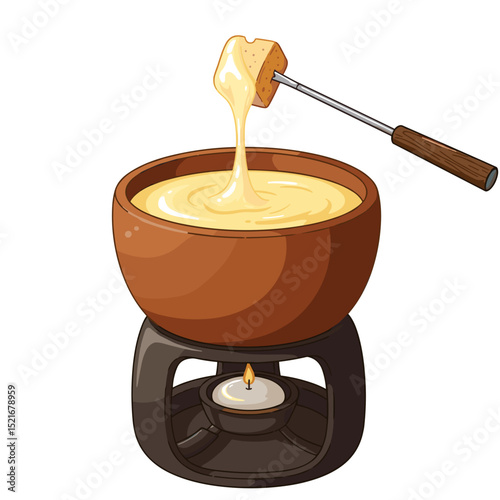 Cheese fondue with bread on a fork, illustration isolated