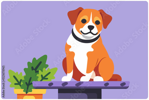 Cute Cartoon Dog Illustration - Adorable Puppy with Collar on Table - Whimsical Dog Graphic with Plant - Perfect for Pet Lovers and Children's Content