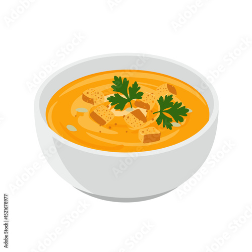 Creamy pumpkin soup in a white bowl, topped with croutons and parsley, steam rising, illustration