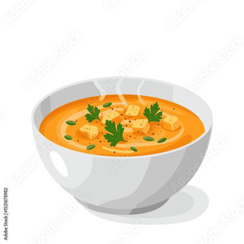 Creamy pumpkin soup in a white bowl, topped with croutons and parsley, steam rising, isolated
