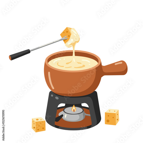 Cheese fondue with bread on a fork, illustration isolated