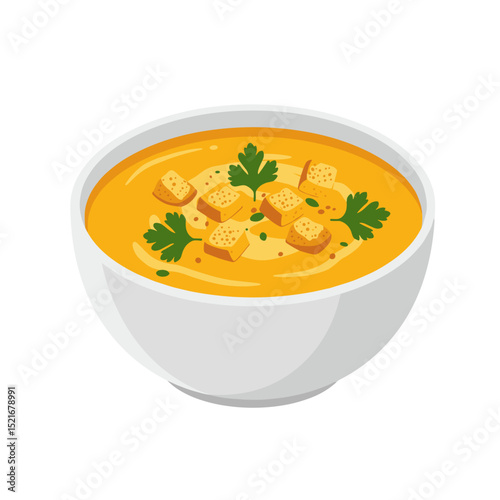 Creamy pumpkin soup in a white bowl, topped with croutons and parsley, steam rising, isolated