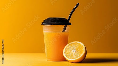 Fresh Orange Juice in a Clear Cup With a Wedge Beside It on a Yellow Background.