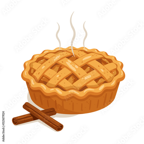 Illustration apple pie with golden crust, steam rising and cinnamon sticks beside,