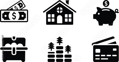 A set of icons representing money, home, savings, treasure, investment, and credit card in black color