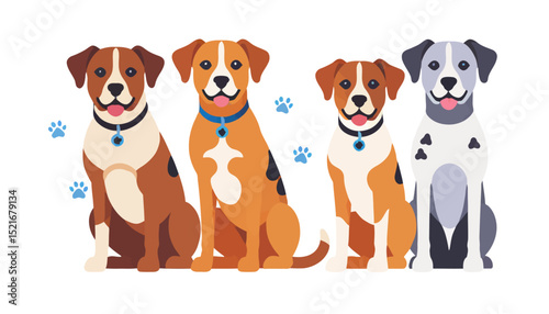 Cute Cartoon Dog Pack Illustration - Vector Art of Four Adorable Puppies with Paw Prints - Perfect for Pet Lovers and Graphic Design Projects - Download Now