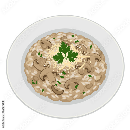 Illustration creamy mushroom risotto served on a white plate, garnished with grated parmesan and parsley