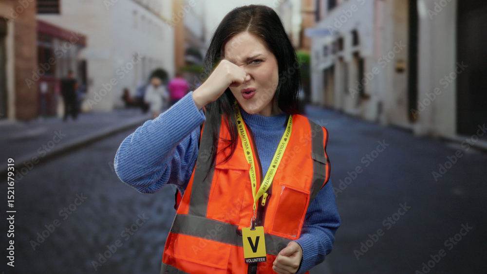 Fototapeta premium Brunette woman in orange vest volunteering on old town street with happy expression emphasizing community spirit and engagement in vibrant city setting