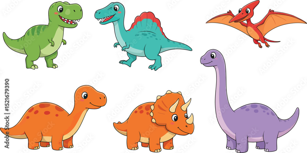 Fototapeta premium Adorable Dinosaur Cartoon Set Cute Prehistoric Friends vector illustration