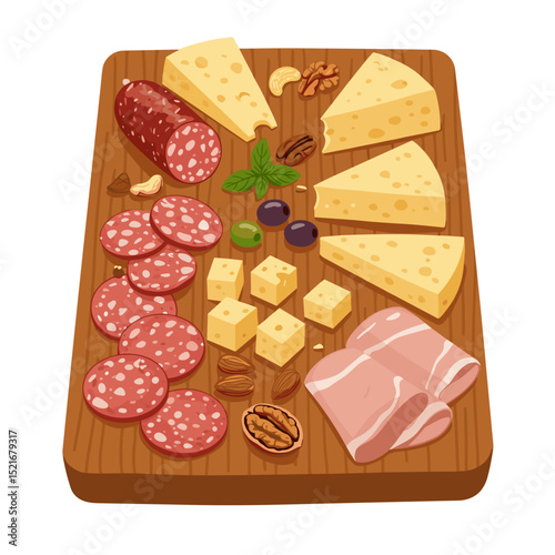 Charcuterie board with assorted cold cuts, hard cheeses, nuts, and olives, rustic arrangement, flat illustration