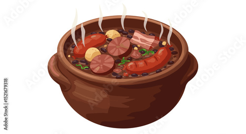Traditional Brazilian feijoada served in a clay pot, flat illustration style, isolated