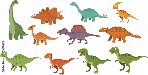 Diverse Cartoon Dinosaurs: Vibrant Prehistoric Creatures vector illustration