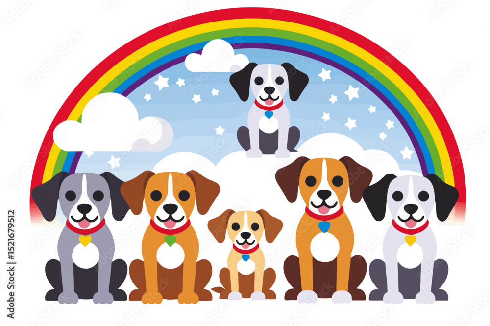 Obraz premium Cute Cartoon Dogs with Rainbow Background - Colorful Puppy Illustration for Kids - Adorable Dog Vector Art with Hearts and Stars - Perfect for Children's Designs