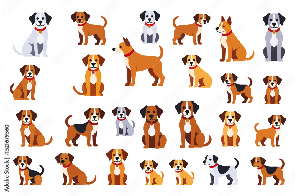 Obraz premium Cute Cartoon Dogs Vector Illustration-Adorable Dog Breeds for Pet Lovers-Colorful Puppies with Collars on a White Background-Ideal for Graphic Design and Kids Projects
