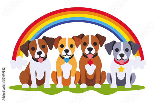 Cute Cartoon Dogs Under Rainbow-Happy Puppies with Colorful Collars-Illustration of Pets for Children-Adorable Doggy Friends Play Together