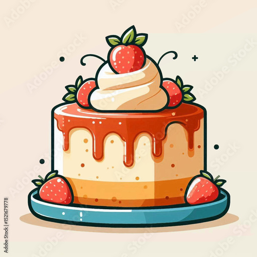 A cartoon cake with strawberries white frosting and a caramel glaze sitting on a blue plate