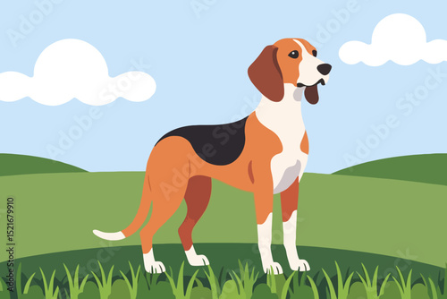 Foxhound Dog Illustration in Nature - Cute Hound Dog on Green Grass with Blue Sky and Clouds - Animated Dog Breed Image for Pet Lovers