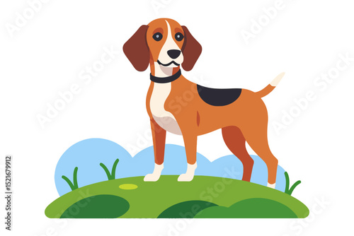 Foxhound Vector Illustration- Cute Dog Standing on Green Hill- Perfect for Pet Lovers and Animal Graphics- Royalty Free Image