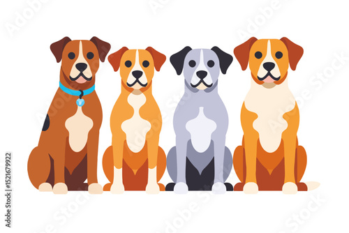 Four Cute Cartoon Dogs Sitting Together-Adorable Pet Illustrations-Friendly Canine Companions-Dog Breed Clipart-Vector Graphics for Animal Lovers