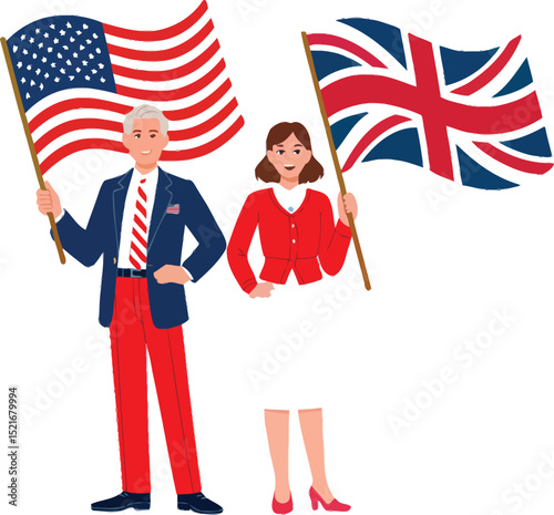 A stylish man and woman proudly hold American and British flags a scalable graphic perfect for branding projects and patriotic designs