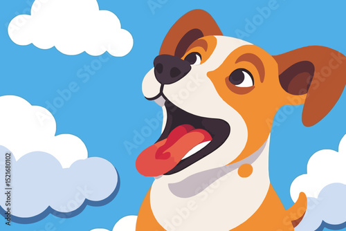 Happy Cartoon Dog Illustration - Cute Puppy with Tongue Out on Blue Sky Background - Vector Image for Kids and Dog Lovers - Playful Animal Design