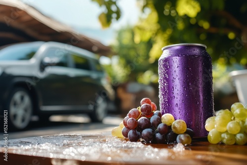 Refreshing Beverage and Grapes on a Sunny Day in a Vineyard Setting Near a Pa...