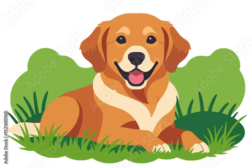 Golden Retriever in Green Grass Vector Illustration- Happy Cartoon Dog Relaxing Outdoors- Cute Pet Animal Graphic for Kids and Dog Lovers