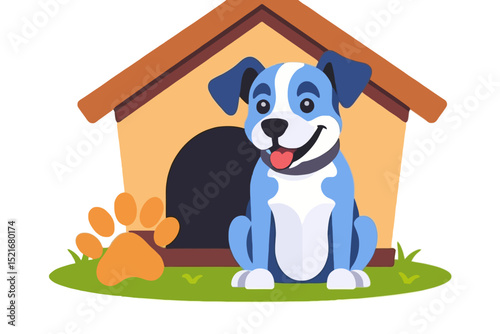 Happy Cartoon Dog in Doghouse - Adorable Puppy Illustration - Vector Graphic for Pet Lovers - Cute Animal Clipart for Kids - Dog Breed Graphics- Friendly Pet- Dog Paw