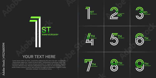 Anniversary set design with double line number. green and white color for celebration event