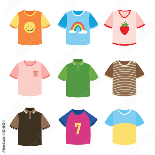 Set of colorful cartoon T-shirts for kids and teens. Cute and simple flat design with patterns, prints, stripes, and icons. Vector collection for fashion, clothing, or textile projects