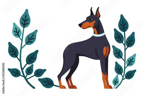 Stylish Doberman Illustration - Modern Dog Breed Art with Foliage - Unique Pet Graphic for Design Projects-Vector Doberman with Plant Illustration